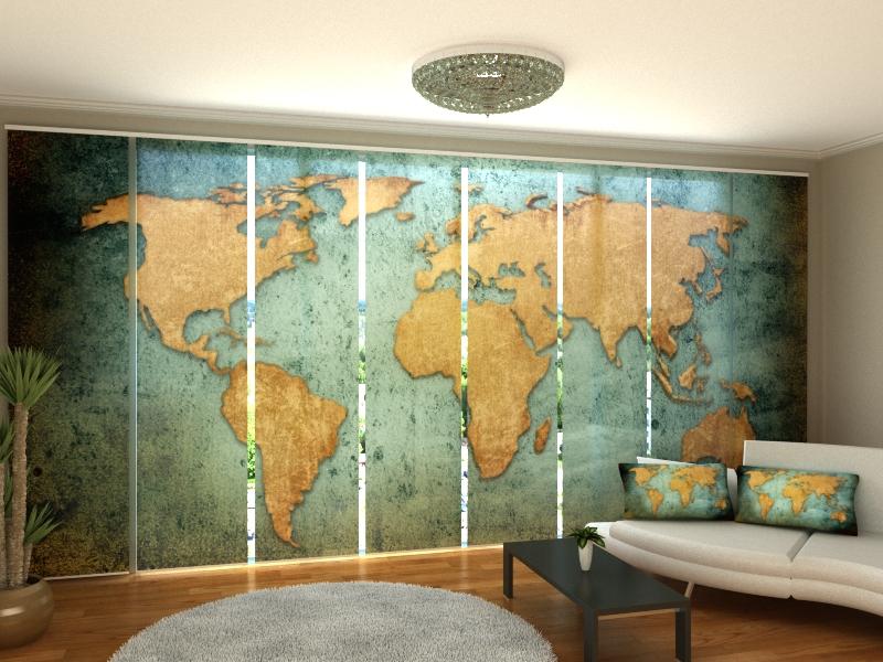 Set di 8 Tende a Pannello Mappa del Mondo d'Oro
