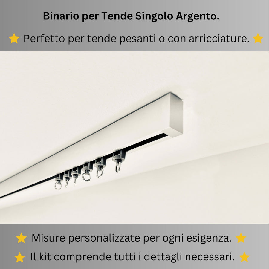 Binario per Tende, Singolo, color Argento, a Soffitto – Misure Personalizzate, Design Moderno e Funzionale